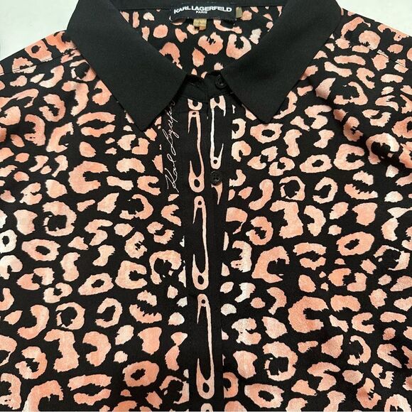 KARL LAGERFELD PARIS PINK BLACK ANIMAL PRINT‎ LONG SLEEVE BUTTON UP SHIRT LARGE - Picture 2 of 12